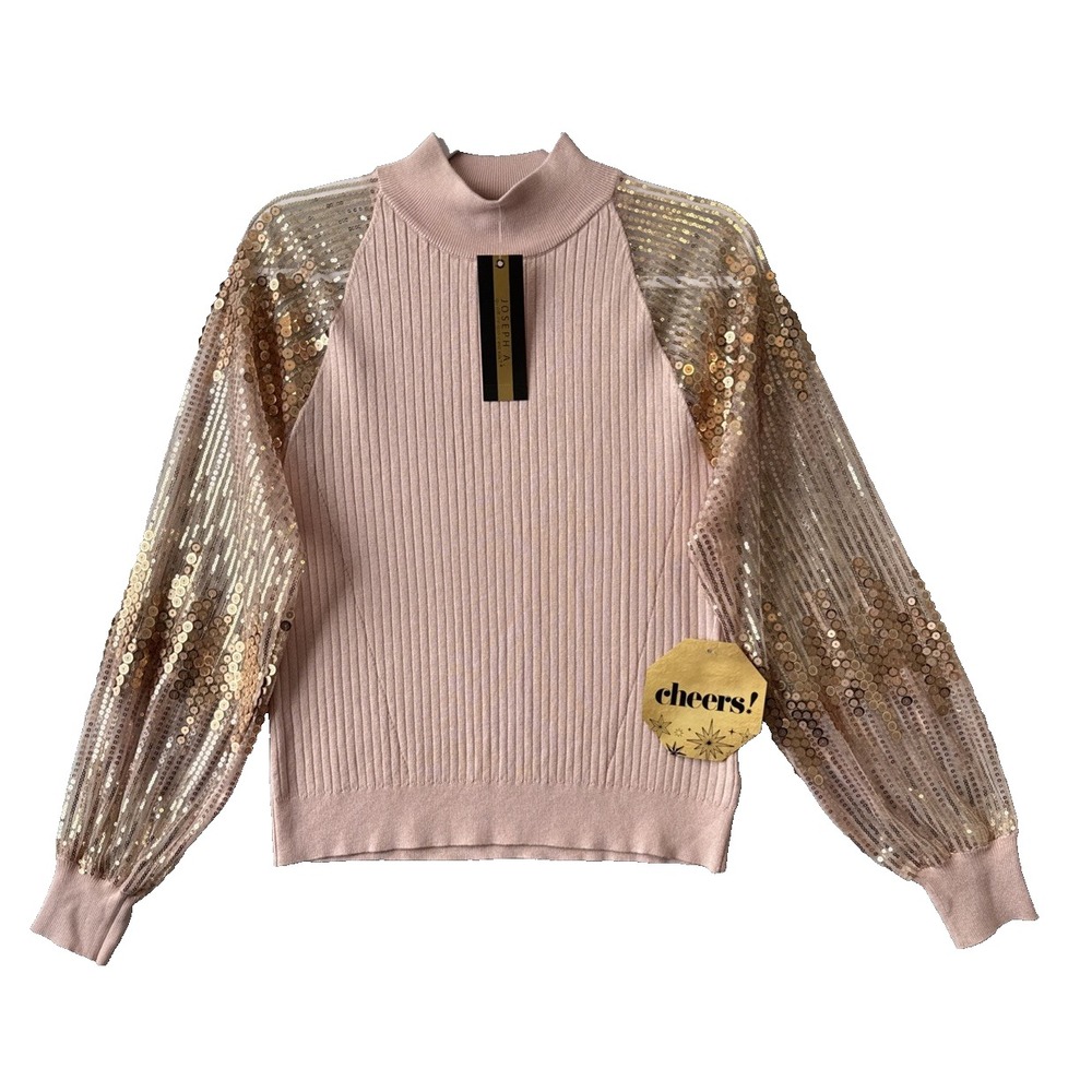 Joseph A Mock Neck Ribbed Sweater M NWT Pink Gold Sequin Balloon Sleeve Party